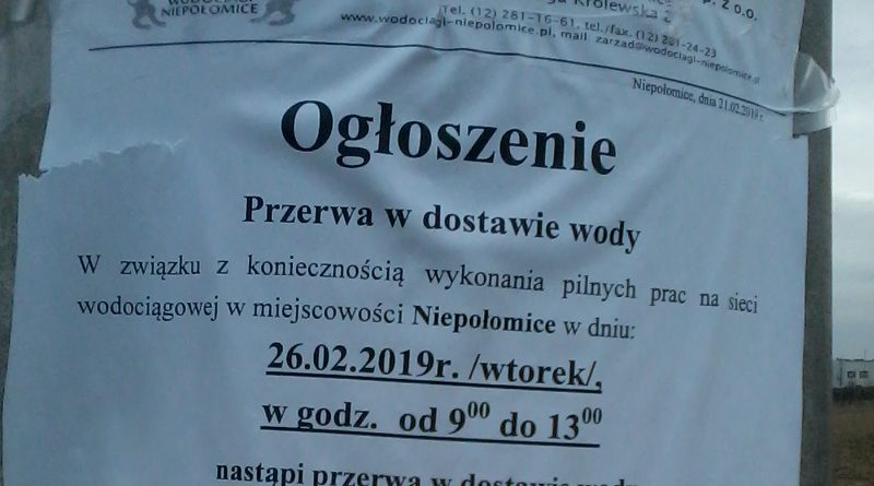 Ogłoszenie Wodociągi Niepołomice, przerwa w dostawie wody