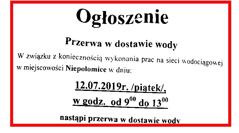 Ogłoszenie Spółki Wodociągi Niepołomickie