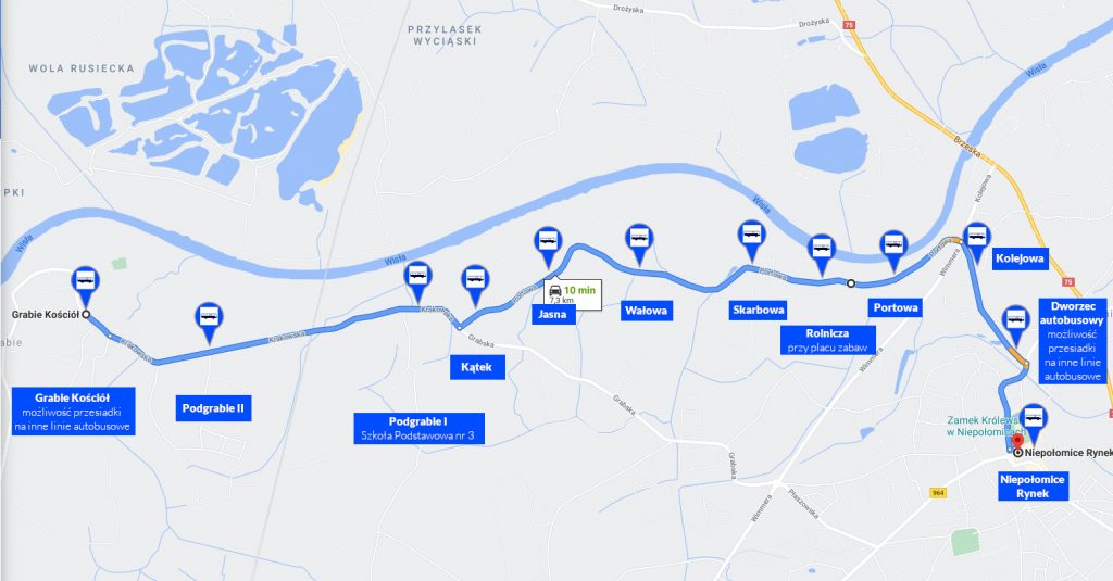 Proponowana trasa busa z Podgrabia do centrum Niepołomic przez ul. Portową.