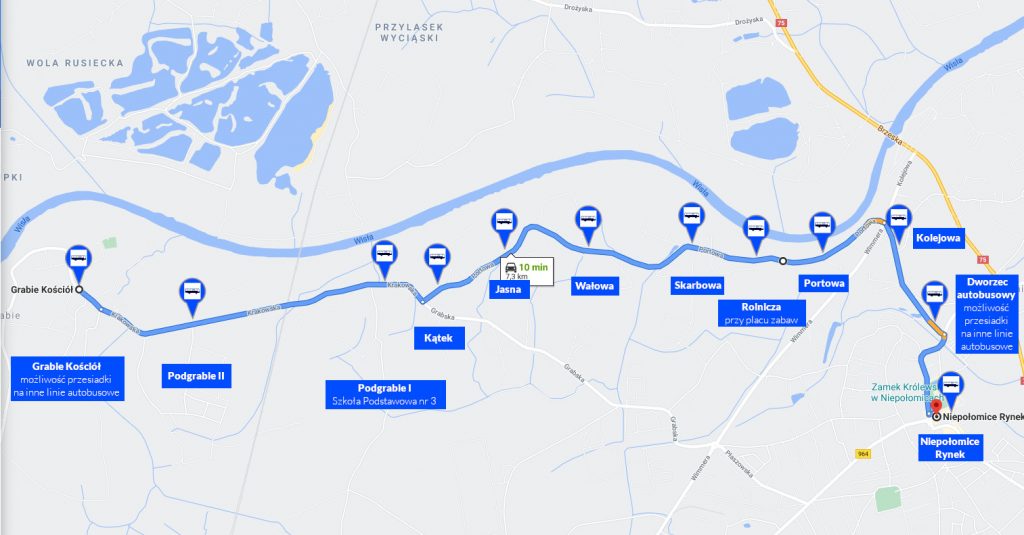Proponowana trasa busa z Podgrabia do centrum Niepołomic przez ul. Portową.