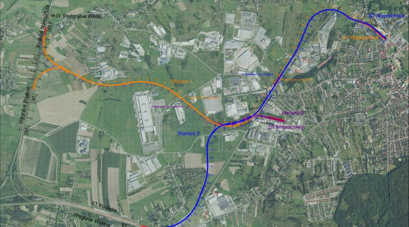 Proponowane trasy linii kolejowej do Niepołomic