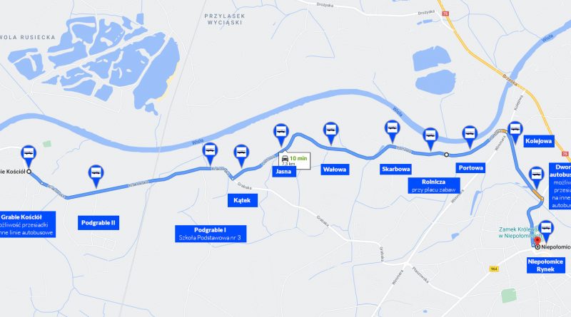 Proponowana trasa busa z Podgrabia do centrum Niepołomic